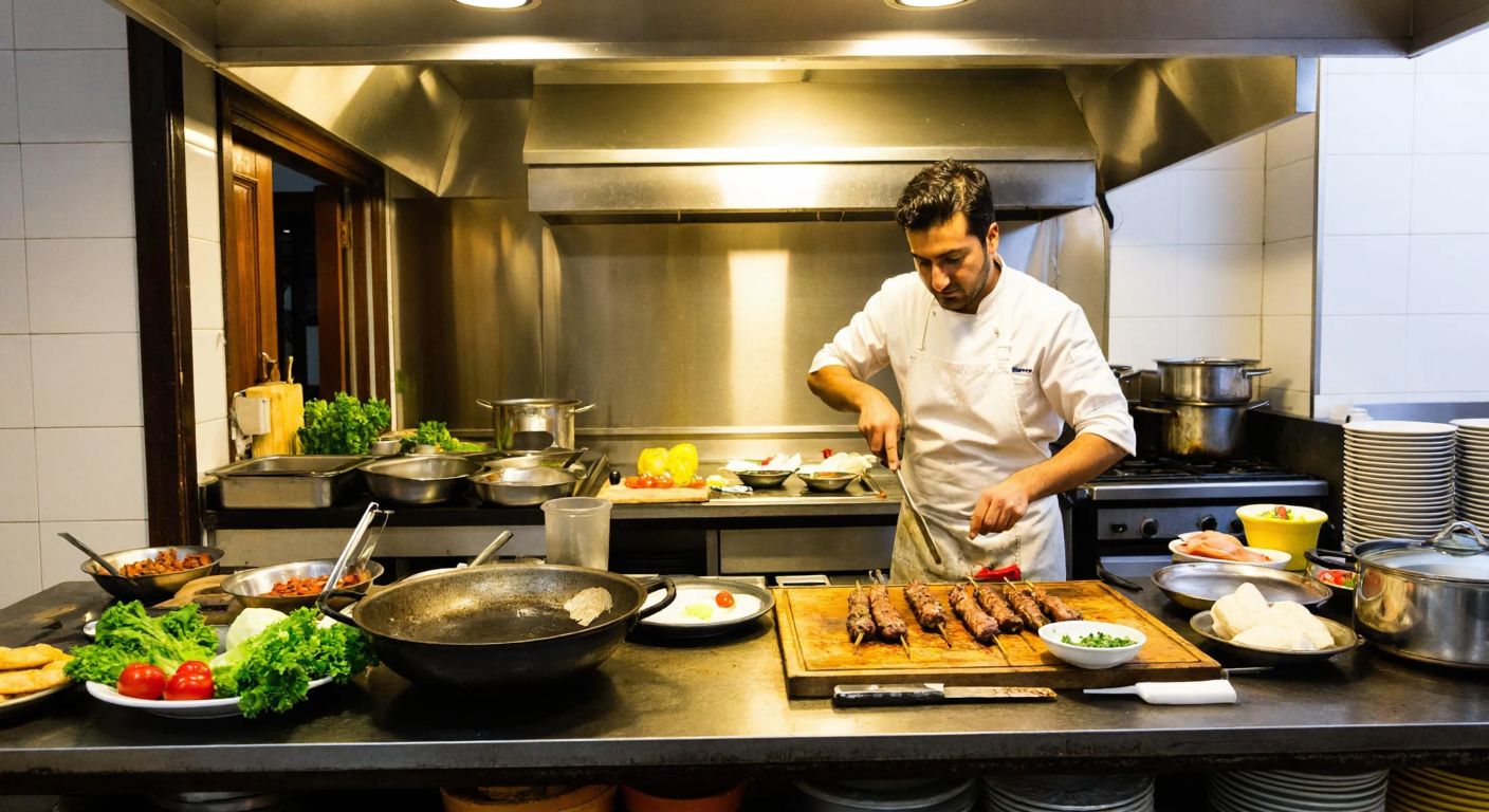 A bustling Turkish lokanta kitchen with a focused chef in a white apron skillfully preparing sizzling kebabs, surrounded by fresh ingredients, steaming pots, and a neatly organized workspace.