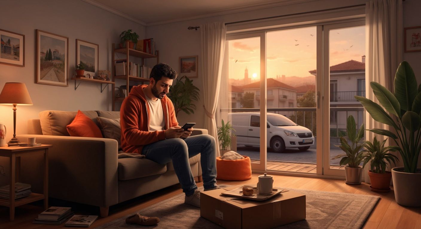 A Turkish customer in a cozy living room with unpacked furniture, looking at their phone with a slightly concerned expression, while a delivery truck drives away outside the window.