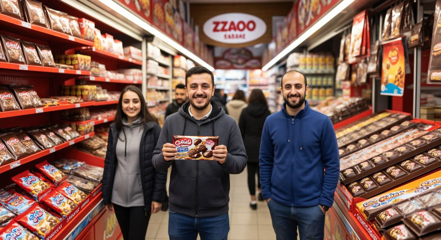 A vibrant Turkish marketplace with colorful shelves displaying Ozmo and Şölen chocolate bars side by side, surrounded by smiling locals in casual attire.