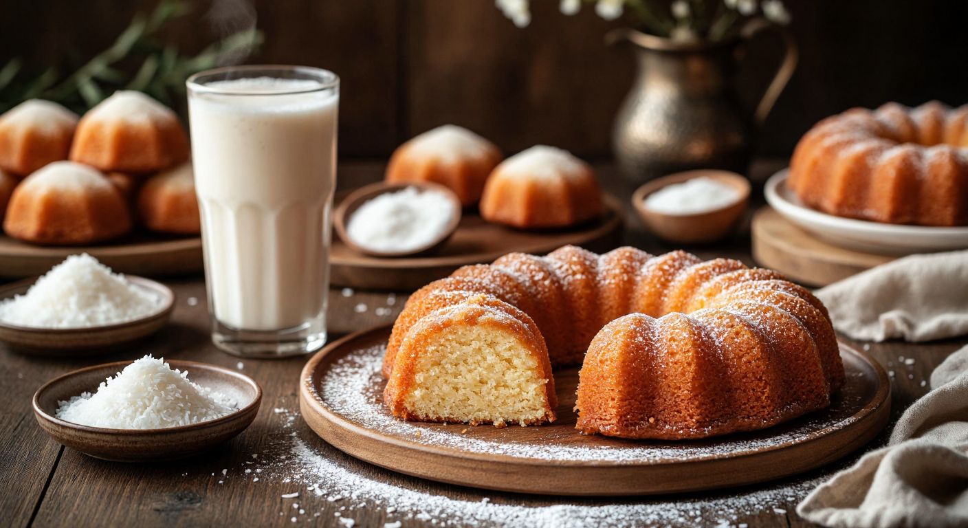 A warm Turkish kitchen with golden-brown **Hindistan cevizli şekerpare** arranged on a ceramic plate, a slice of moist **Hindistan cevizi kek** on a wooden tray, and a frothy **milkshake** in a glass, all surrounded by scattered coconut flakes and powdered sugar.
