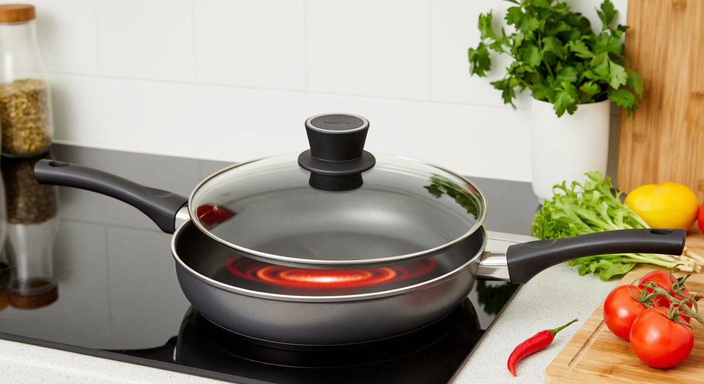 A sleek, modern titanium-coated frying pan and pot set with a detachable handle, resting on a kitchen counter with a red heat indicator glowing, surrounded by fresh vegetables and herbs.