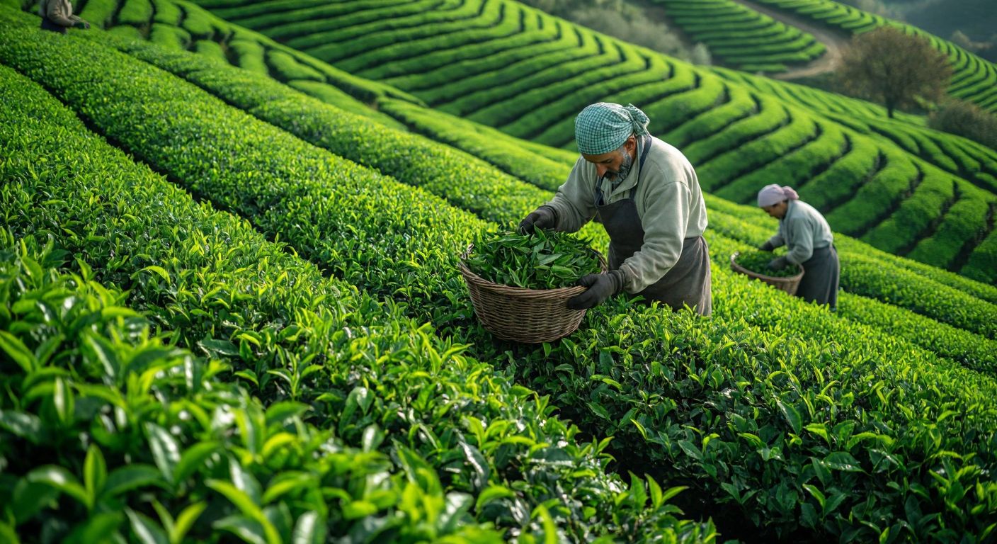 A lush green tea plantation in Turkey under soft morning light, with workers carefully hand-picking the freshest, tender young tea leaves, their baskets brimming with vibrant green foliage, evoking freshness and natural richness.