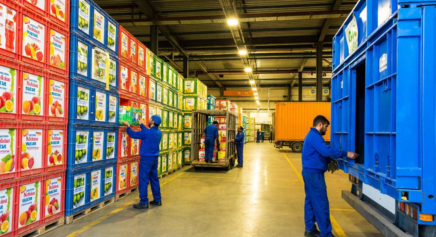 A bustling warehouse in Afyonkarahisar filled with stacks of colorful crates containing fruit juices, mineral water, and soft drinks, with workers in blue uniforms loading trucks under the warm glow of industrial lights.