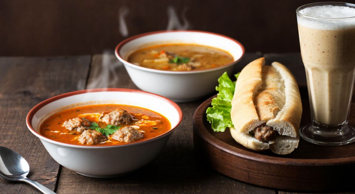A steaming bowl of kelle paça çorbası sits beside a golden ekmek arası köfte on a rustic wooden table, with a glass of frothy tarhana çorbası nearby, evoking warmth and comfort in a cozy Turkish kitchen.