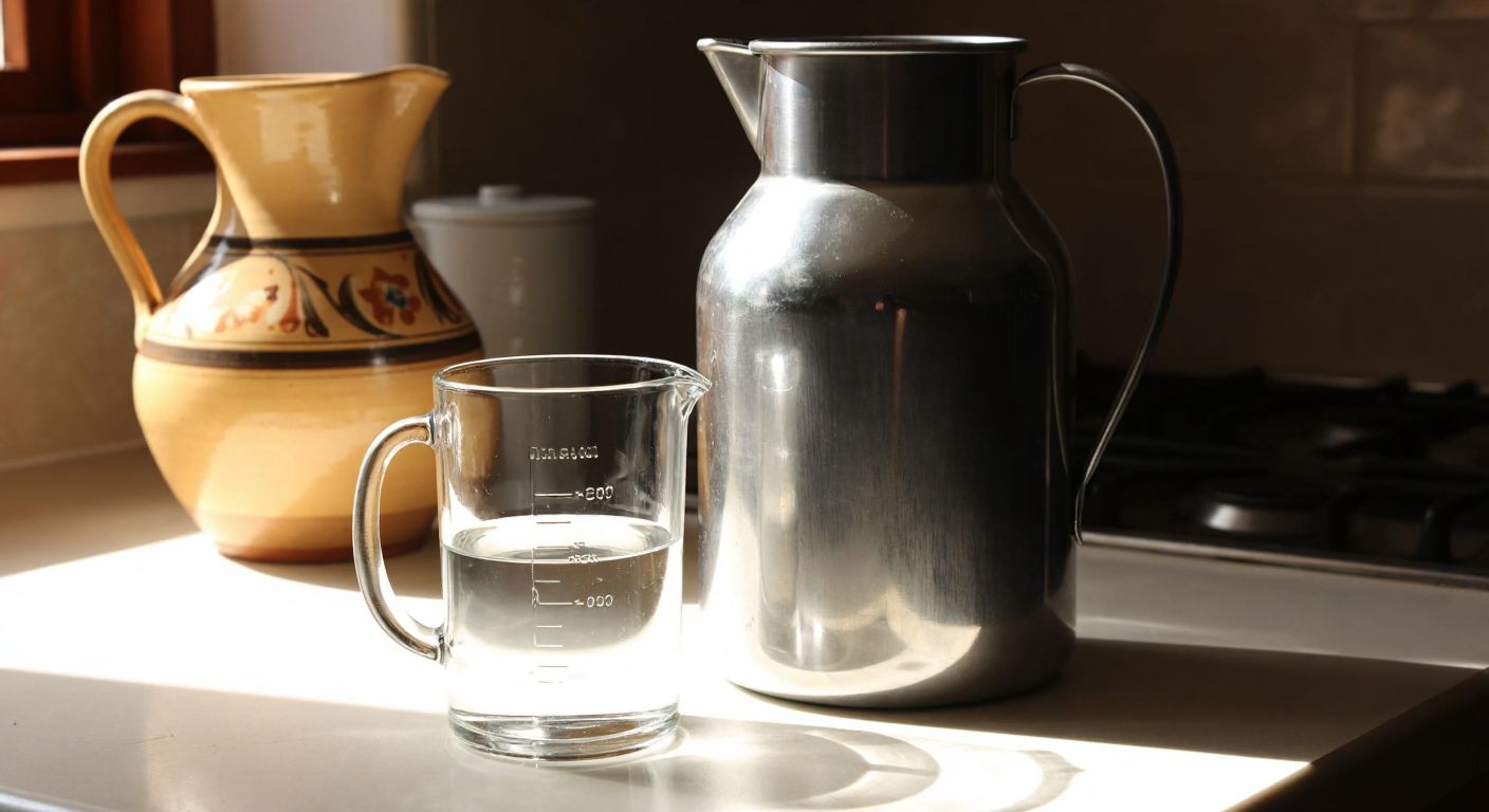 A glass measuring cup filled with clear liquid sits beside an empty metal gallon jug on a sunlit kitchen counter in Turkey, with a traditional ceramic pitcher in the background.