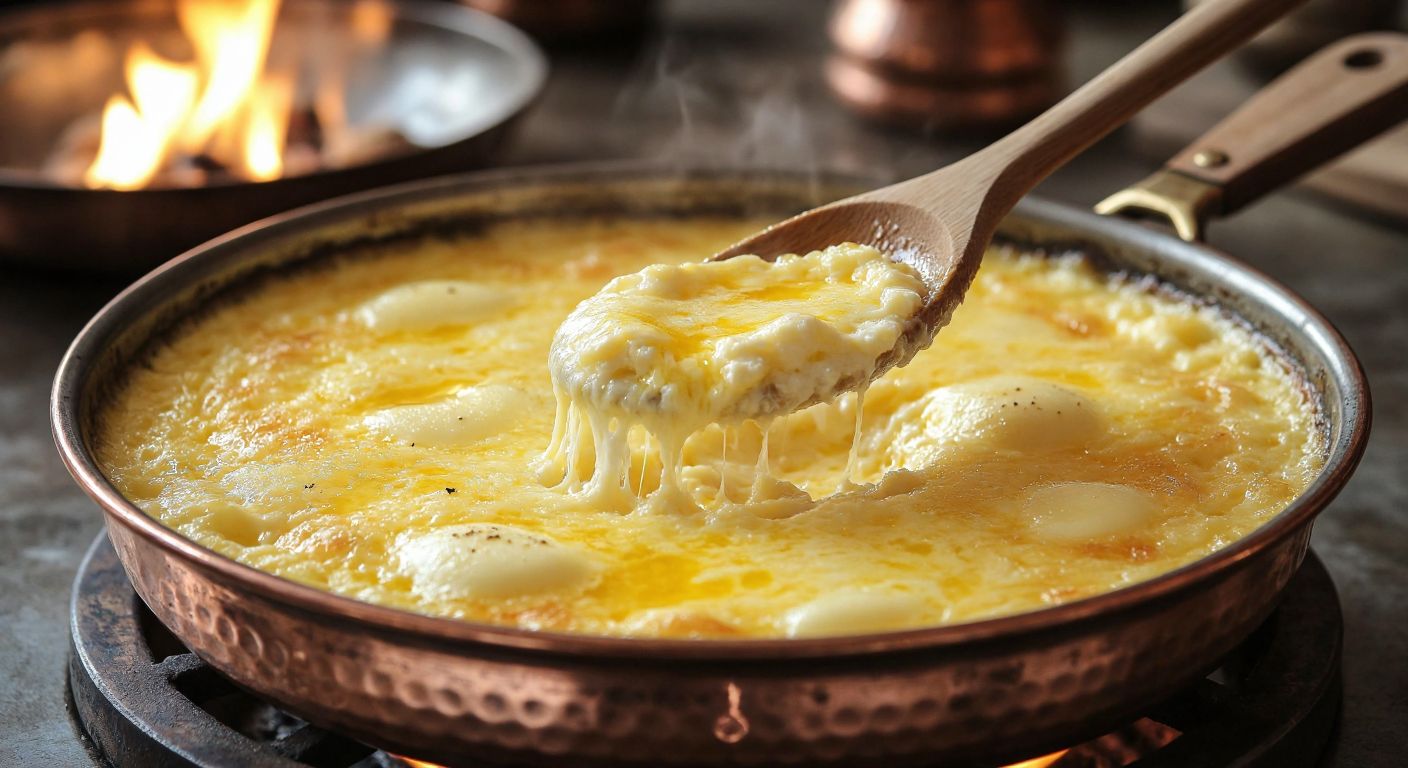 A warm, golden mıhlama bubbling gently in a traditional Turkish copper pan, its creamy, slightly runny texture glistening with melted cheese and butter, stirred slowly with a wooden spoon over a low flame.