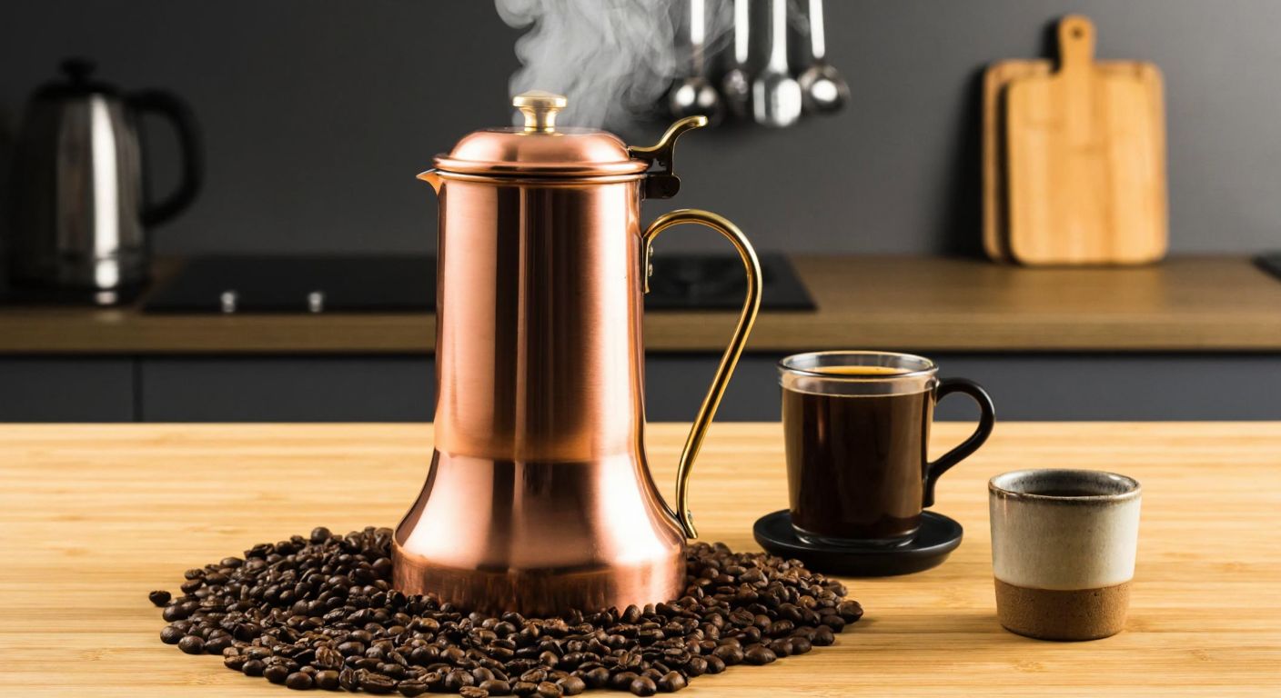 A warm Turkish kitchen with a copper termosifonik coffee maker on a wooden counter, steam rising from freshly brewed coffee, surrounded by ground coffee beans and a small ceramic cup ready for serving.