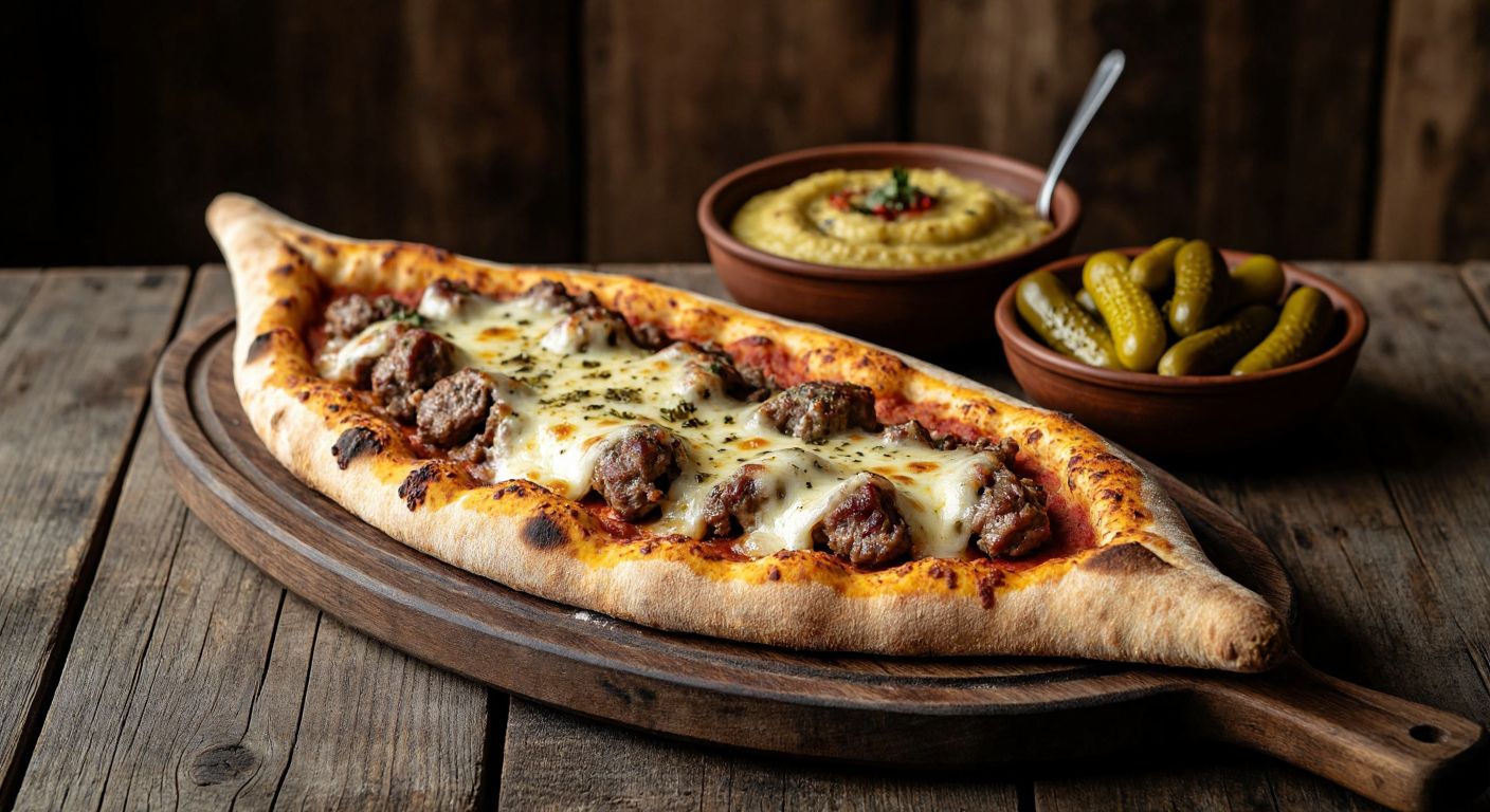 A warm, wood-fired pide with golden, crispy edges topped with fresh meat and melted cheese, served on a rustic wooden table alongside a bowl of kuymak and pickles, evoking the rich flavors of Turkish cuisine.
