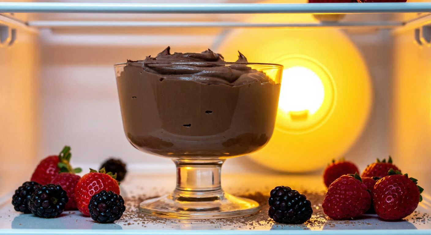 A creamy chocolate mousse in a glass dessert cup, placed inside a refrigerator with a soft golden light, surrounded by fresh berries and a dusting of cocoa powder.