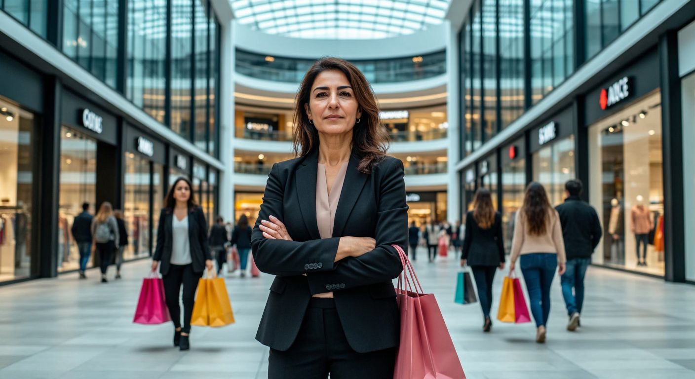 A confident middle-aged Turkish woman in a business suit stands proudly in front of a modern shopping mall with glass facades, surrounded by shoppers carrying colorful bags.