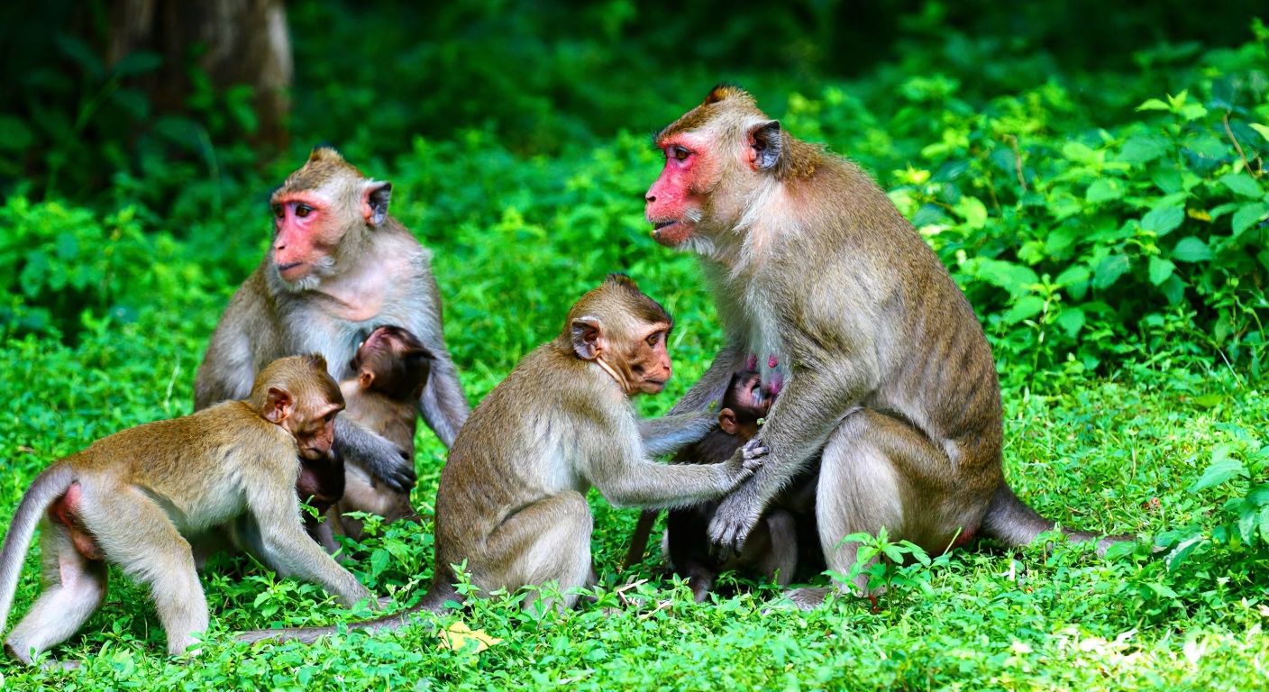 A group of wild monkeys in a lush green forest, with a dominant male displaying strength while others watch, as a female grooms nearby under dappled sunlight.