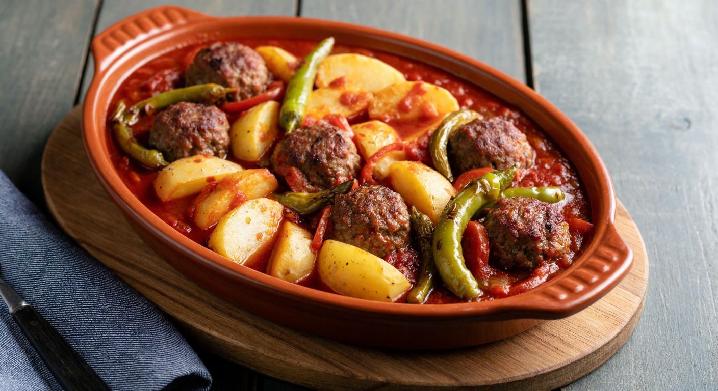 A warm, golden-brown ceramic dish filled with juicy İzmir köfte, sliced potatoes, and green peppers, drizzled with a rich tomato sauce, resting on a rustic wooden table in a cozy Turkish kitchen.