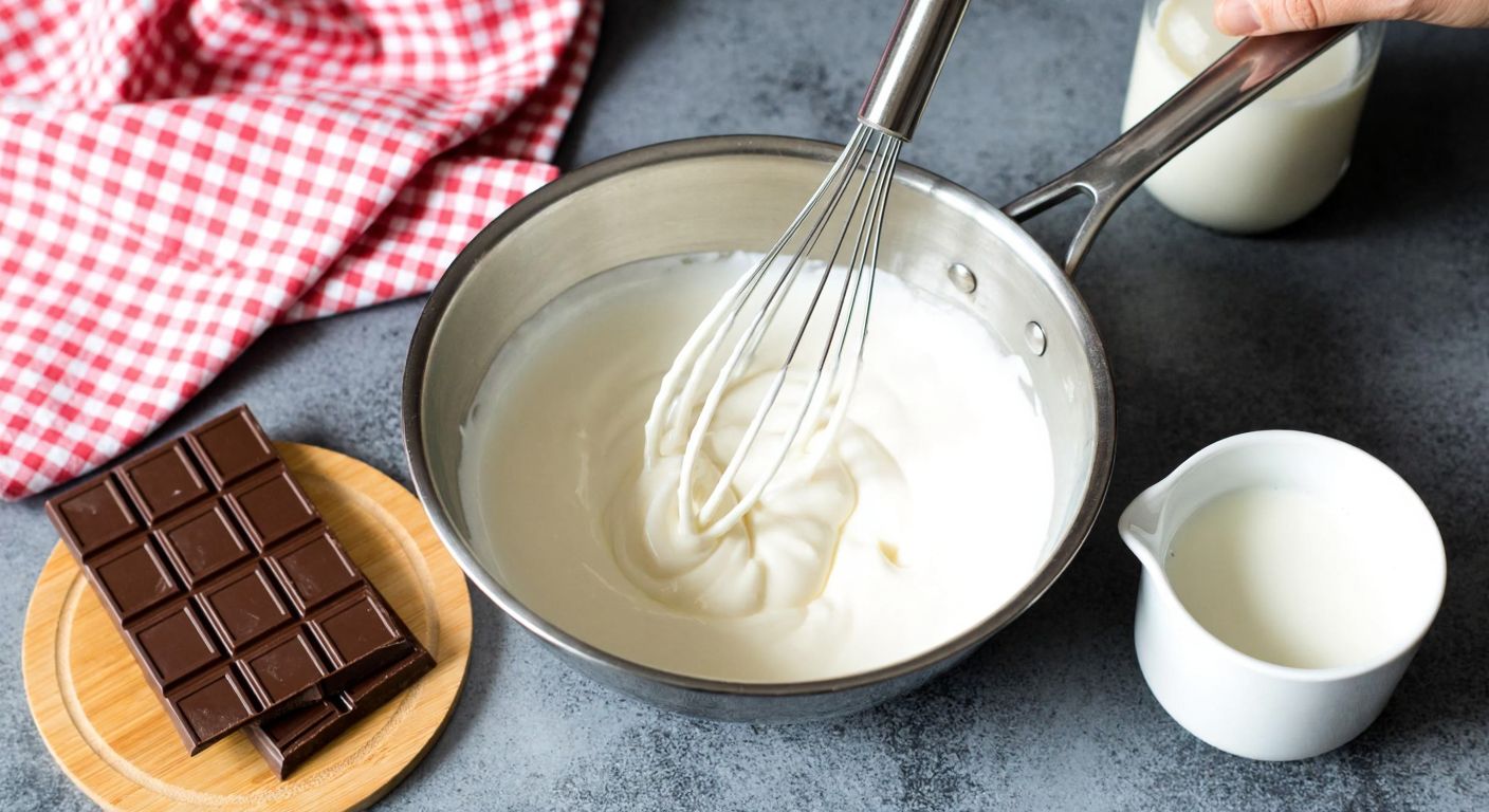 A Turkish kitchen counter with a whisk mixing fluffy cream in a stainless steel bowl, surrounded by dark chocolate bars, fresh milk, and a small pot of simmering ingredients, evoking warmth and indulgence.