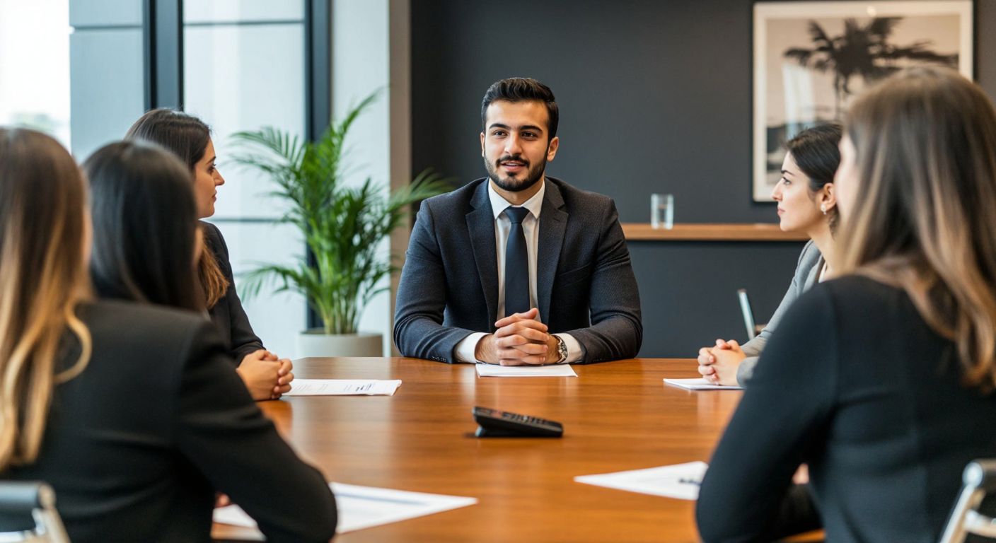 A well-dressed Turkish professional confidently answering questions in a modern office setting, with a panel of interviewers attentively listening across a sleek wooden table.