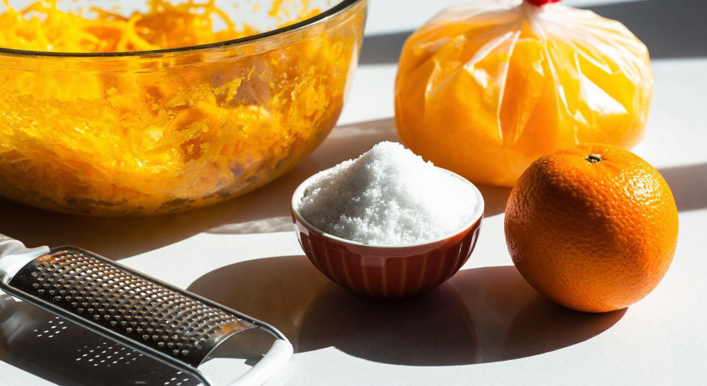 A close-up of vibrant orange zest mixed with sugar in a small bowl, next to neatly tied freezer bags on a sunlit kitchen counter in Turkey, with a fresh orange and a grater nearby.