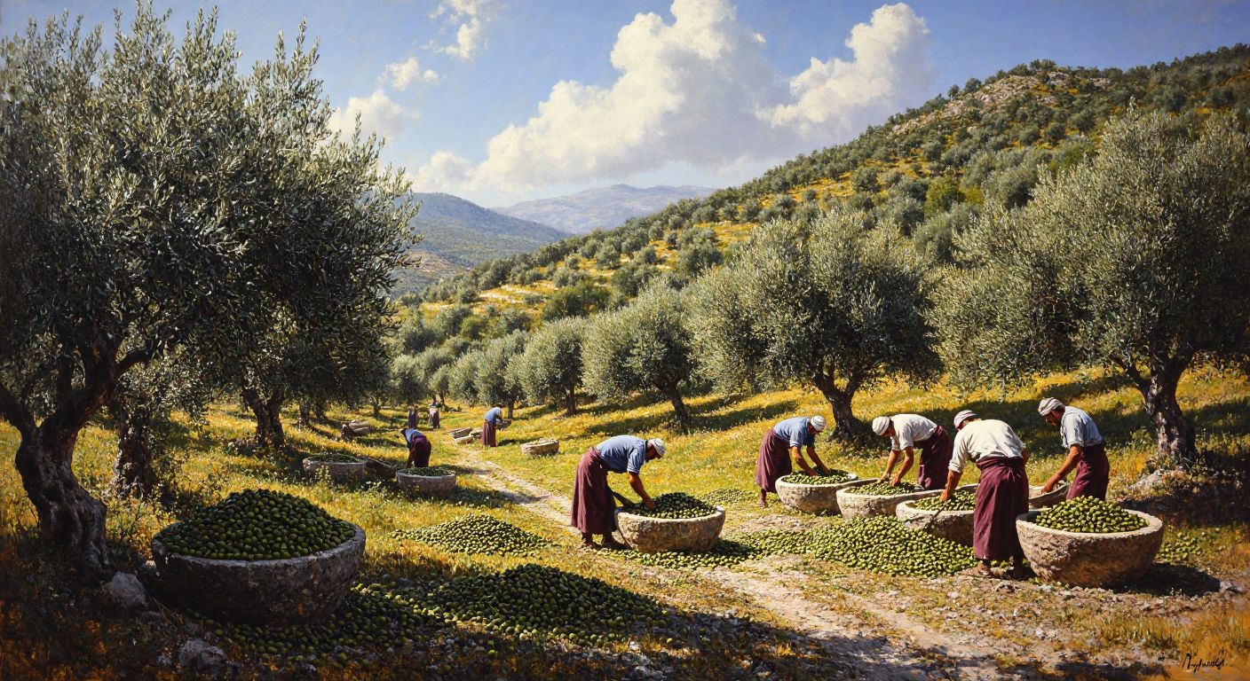 A sun-drenched olive grove in Muğla's Milas district, with workers harvesting ripe olives and traditional stone presses extracting golden olive oil in the background.