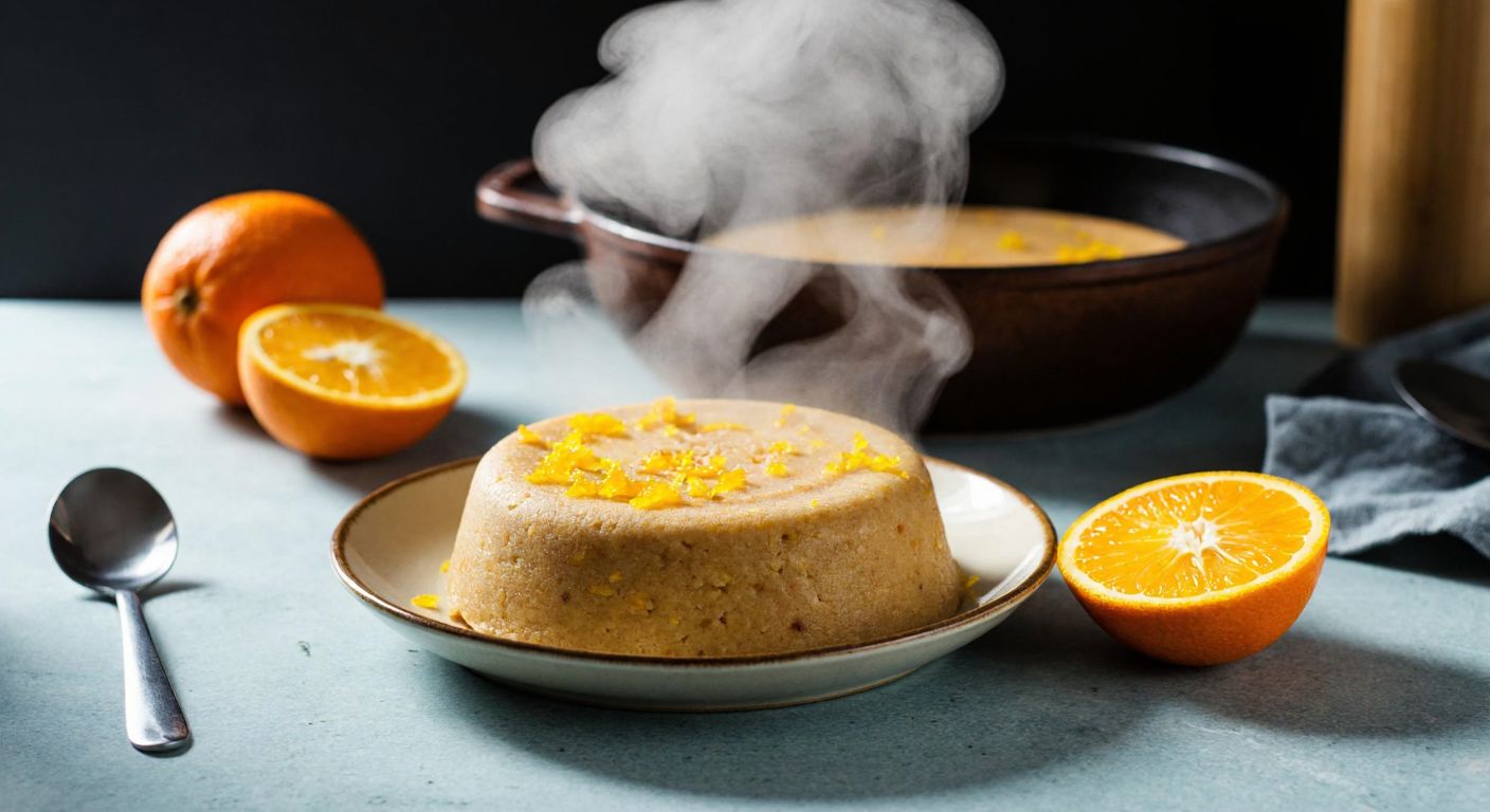 A warm kitchen scene with a golden-brown tahini helva drizzled with fresh orange zest and juice, resting on a ceramic plate beside a halved orange, with steam rising from the dish and a wooden spoon resting nearby.