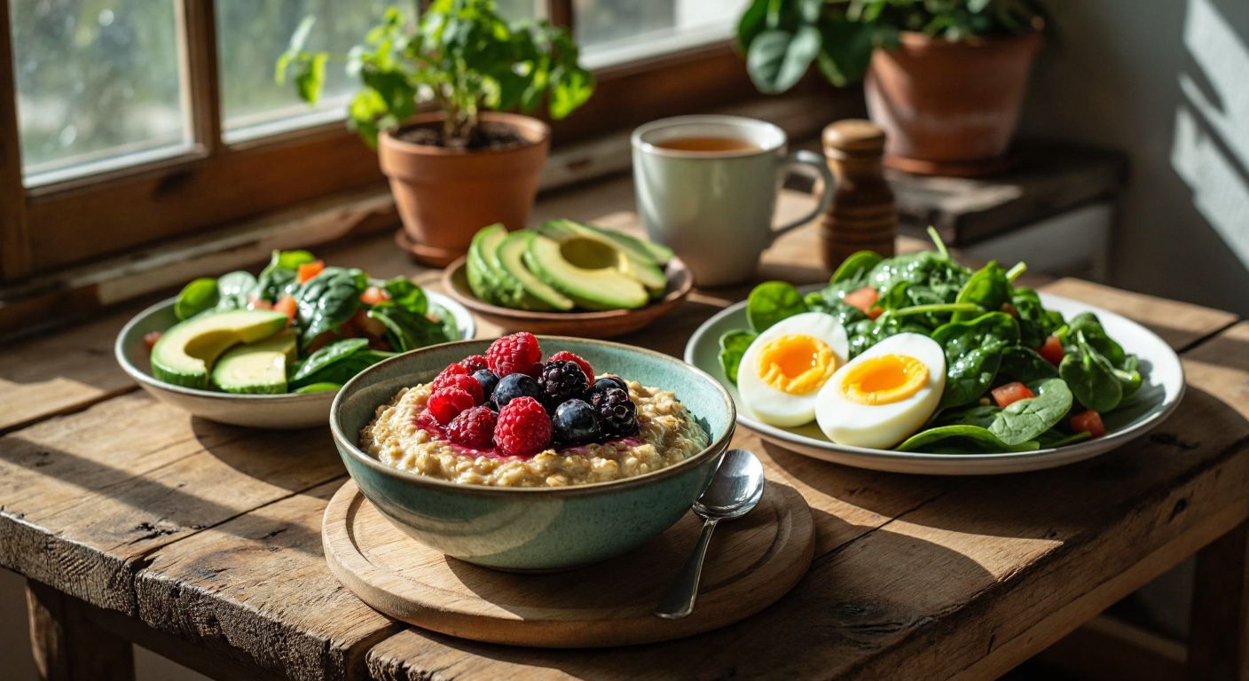 A rustic wooden table in a sunlit Turkish kitchen holds a healthy breakfast spread: a bowl of gluten-free oatmeal topped with fresh berries, a plate of boiled eggs and avocado slices, a colorful side of spinach and cucumber salad, and a steaming cup of herbal tea.