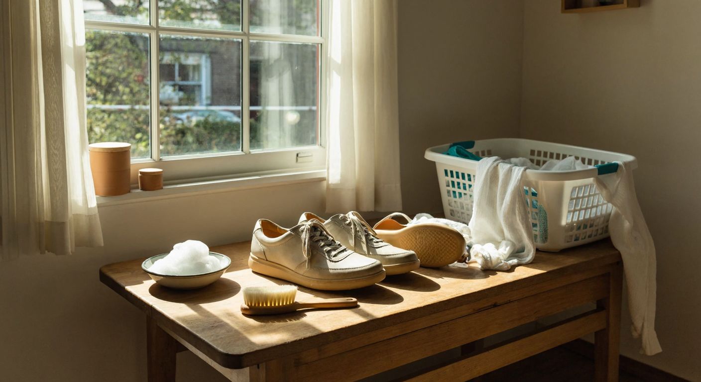 A pair of well-worn men's Camper sneakers sits on a wooden table beside a soft-bristled brush, a bowl of soapy water, and a laundry net, with sunlight streaming through a nearby window onto the scene.