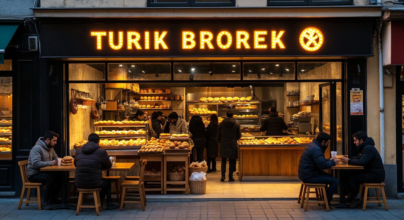 A warm, bustling Turkish börek shop with a glowing LED-lit sign above its entrance, surrounded by the aroma of freshly baked pastries and customers chatting at small wooden tables.