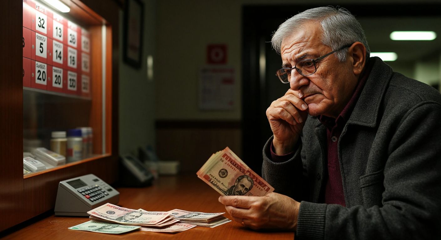 An elderly person in Turkey thoughtfully holding a small stack of lira banknotes near a bank counter, with a calendar showing three years marked in the background.