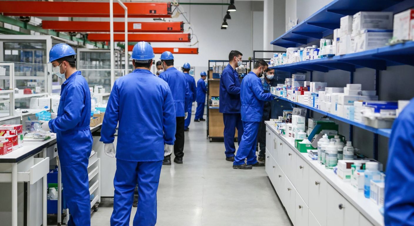 A bustling Turkish factory floor with workers wearing durable blue overalls and safety helmets, while a separate scene shows a neatly organized pharmacy in Novi Pazar with shelves stocked with medical supplies.