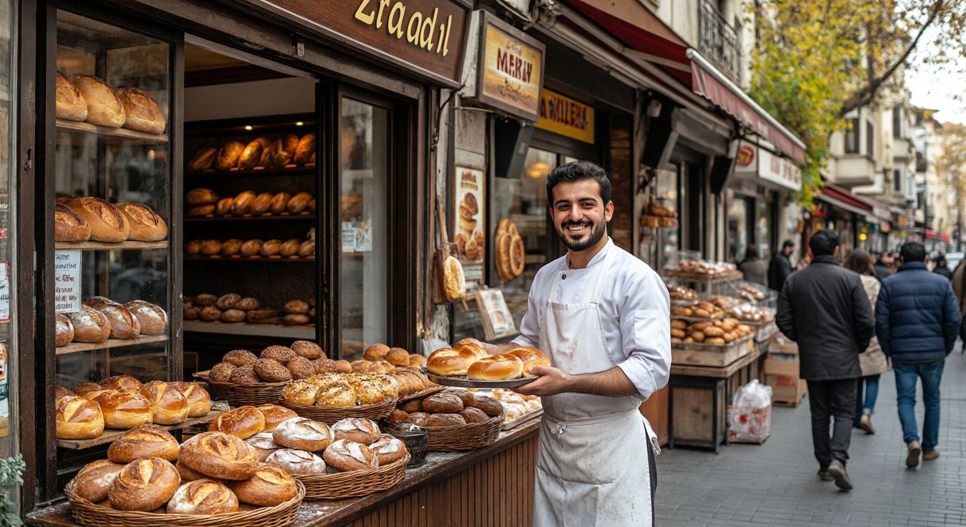 A bustling Istanbul street scene with two distinct bakery storefronts—one in Bakırköy’s Zeytinlik neighborhood with warm golden bread displayed in the window, and another on Kadıköy’s Moda Street, where a baker in a white apron hands a fresh simit to a smiling customer.
