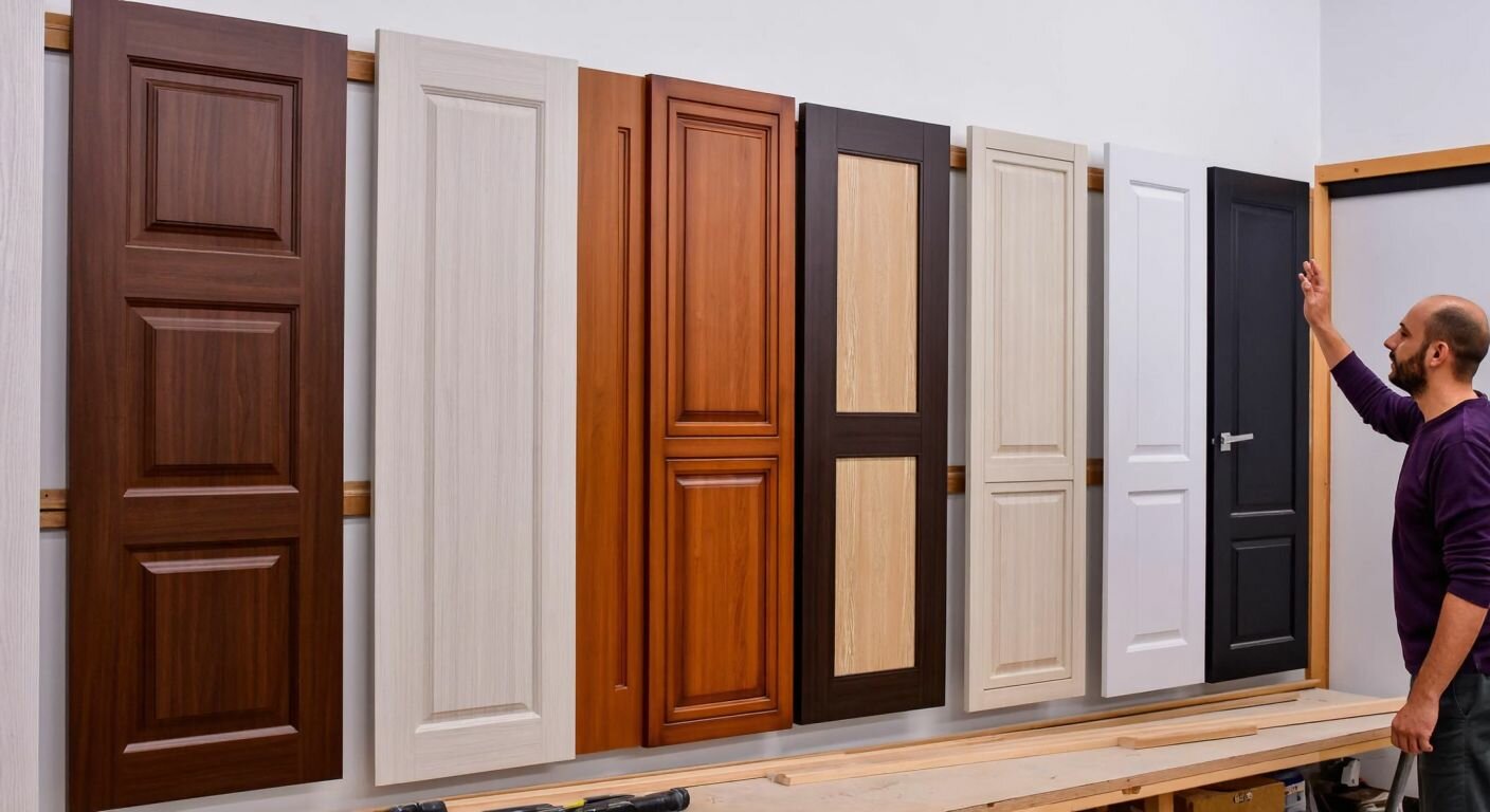 A neatly arranged display of various door types—laminated, PVC, melamine, and membrane—in a Turkish carpentry workshop, with a craftsman examining their textures and finishes.