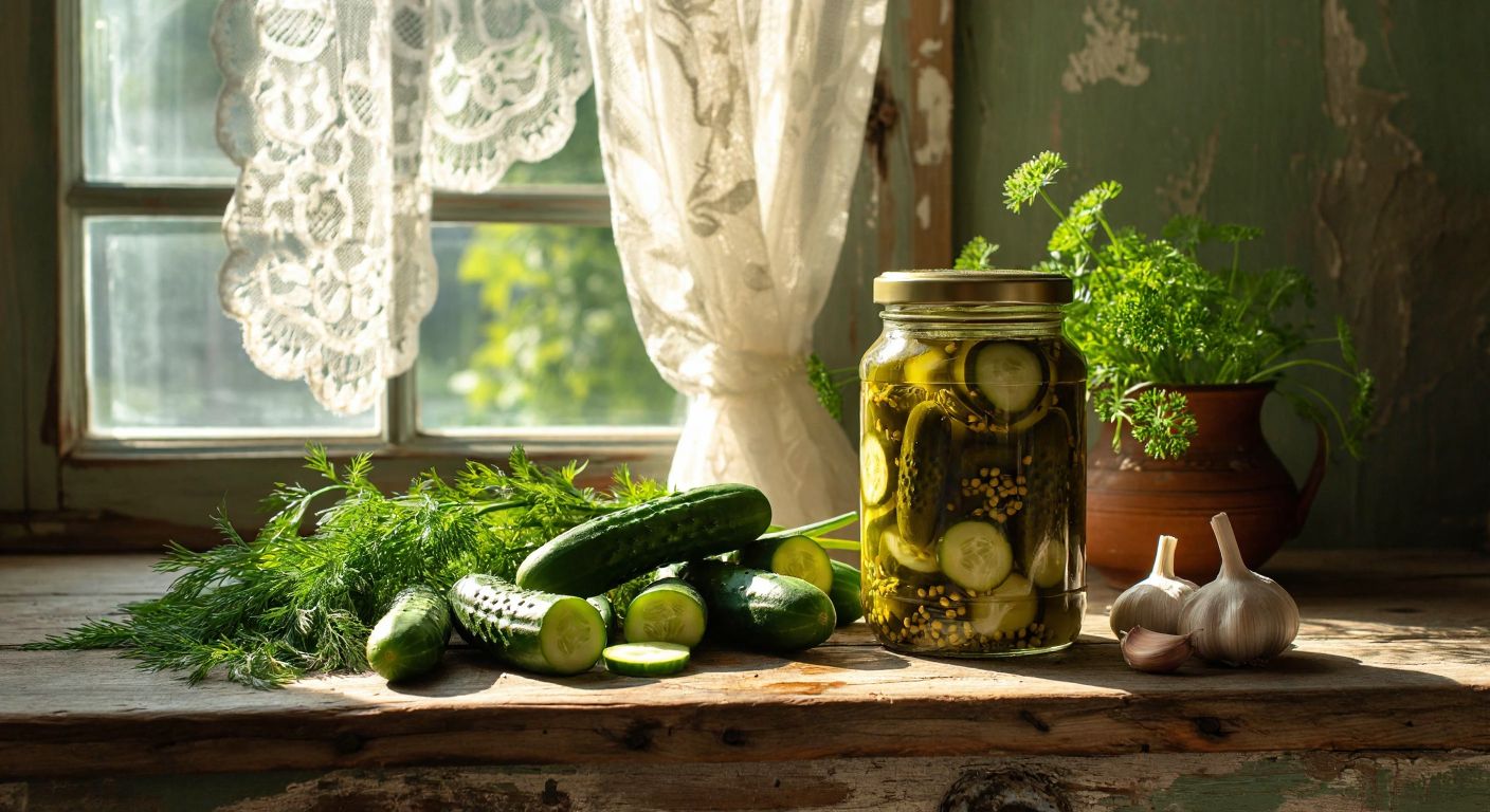 A rustic wooden table in a Turkish kitchen holds a glass jar of Tat pickled cucumbers, surrounded by fresh cucumbers, dill, and garlic, with warm sunlight streaming through a lace-curtained window.