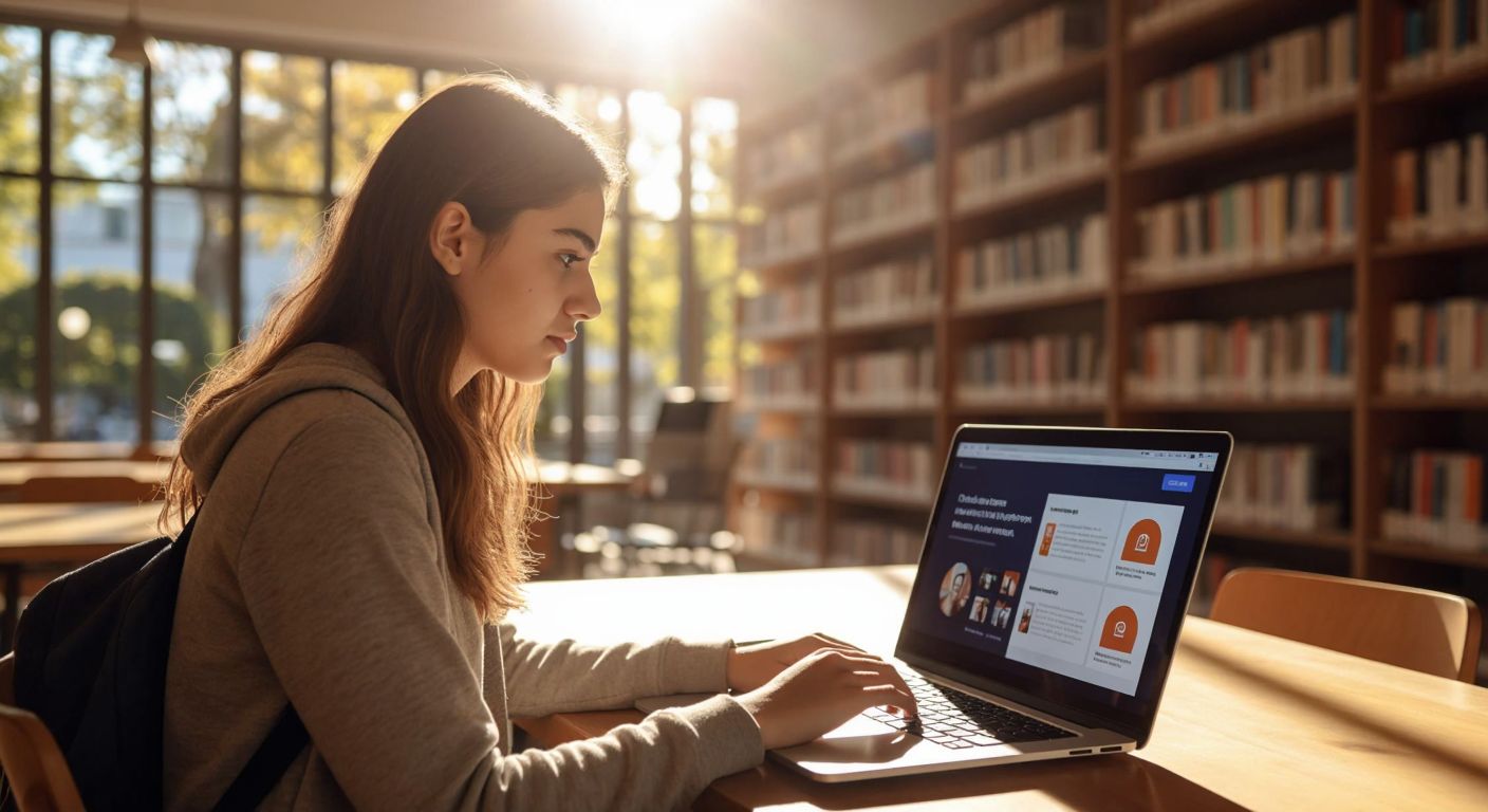 A young Turkish student with focused eyes sits at a wooden desk in a sunlit university library, browsing a laptop displaying a colorful educational dashboard with course modules and discussion icons.