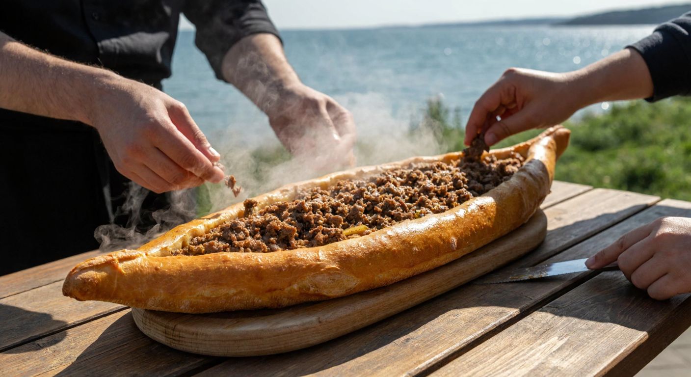 A golden, boat-shaped **Samsun etli pidesi** with minced meat spilling out, steaming on a wooden table in **Bafra**, surrounded by hands eagerly reaching to tear pieces, with a backdrop of the Black Sea coast.