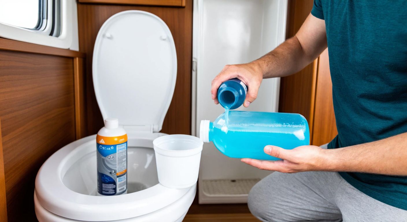 A person in a caravan setting carefully pouring a blue liquid from a Solbio bottle into a mobile toilet’s waste tank, with a small measuring cup nearby and a clean, fresh-smelling bathroom in the background.