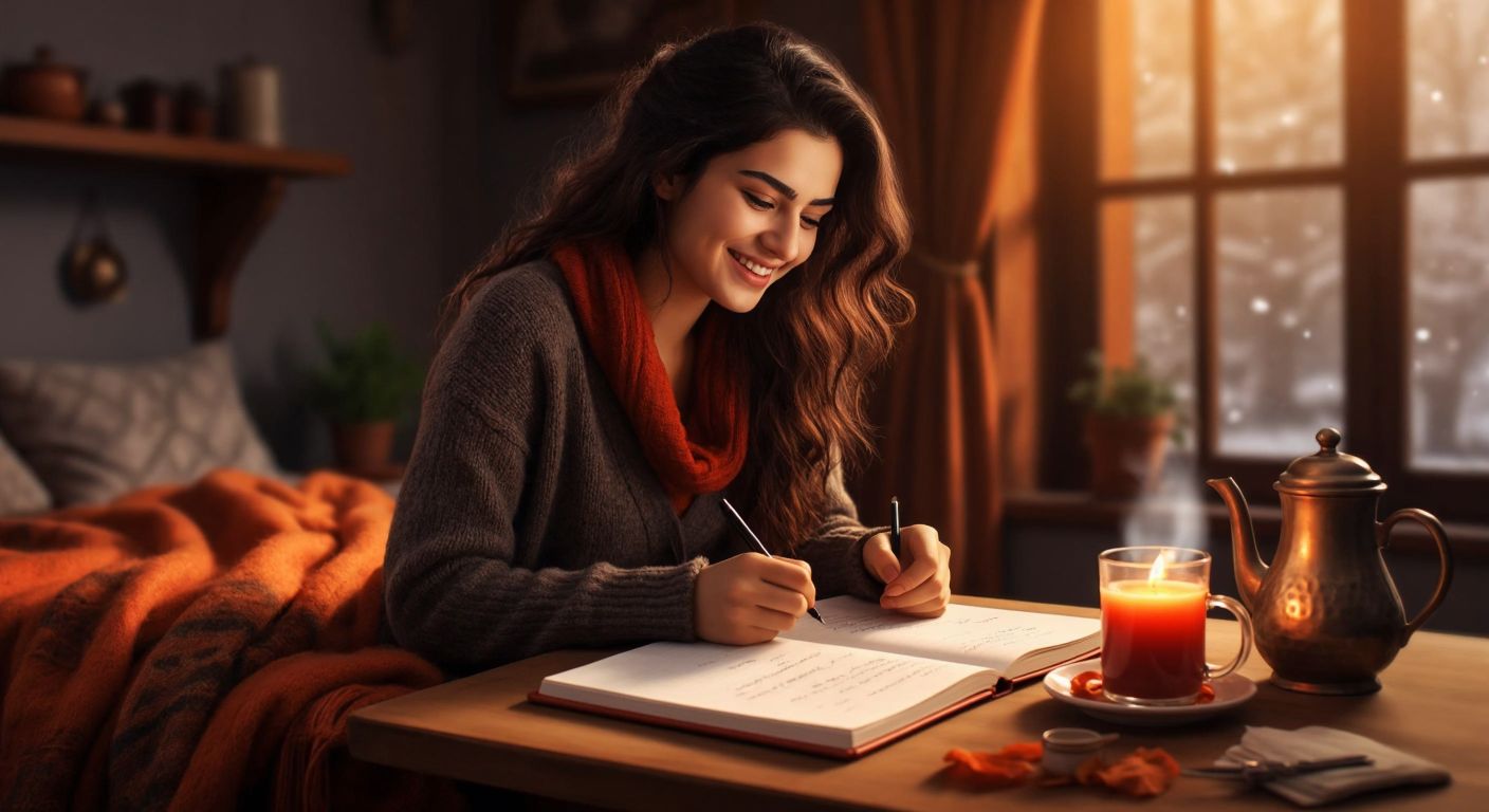 A Turkish woman in a cozy home setting smiles while writing a to-do list on a notepad, with a steaming cup of çay beside her and a smartphone displaying a digital list app nearby.
