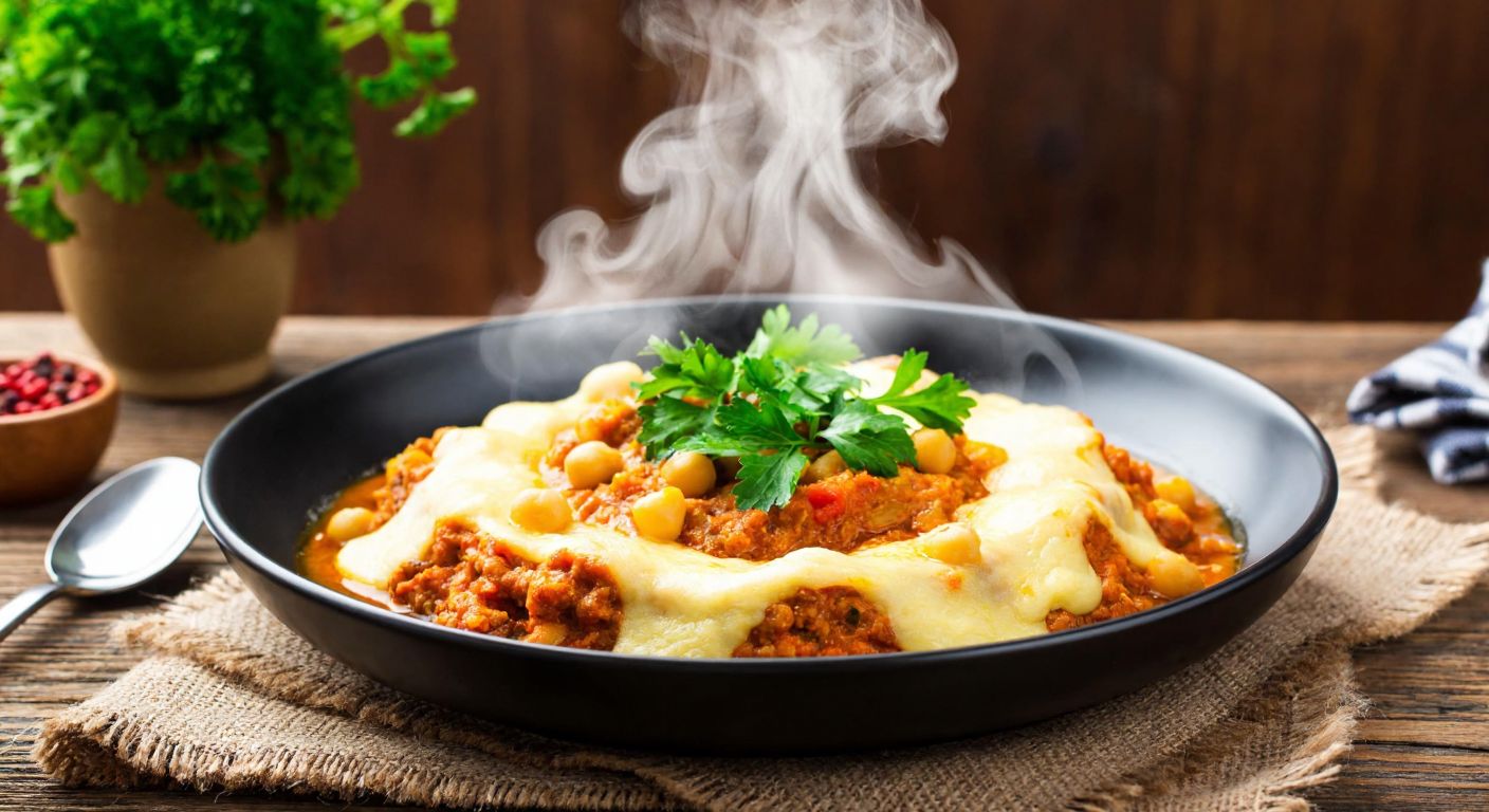 A steaming plate of **topik**, a traditional Armenian dish made with mashed chickpeas and tahini, garnished with parsley and served on a rustic wooden table with a backdrop of warm, earthy tones.