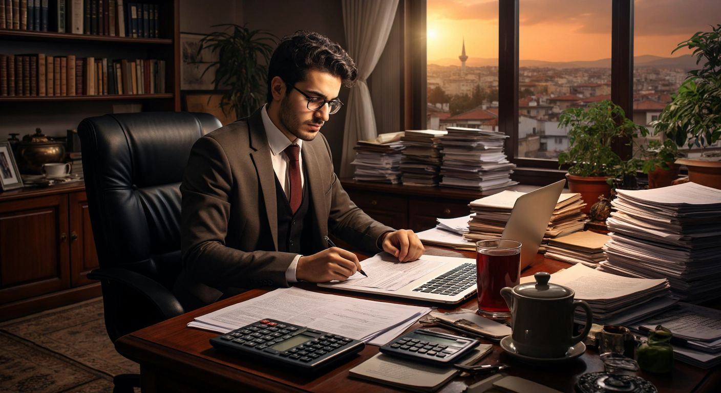 A focused Turkish translator in a cozy Ankara office, surrounded by stacks of documents and a laptop displaying a word count tool, while calculating fees with a calculator and a cup of steaming çay nearby.