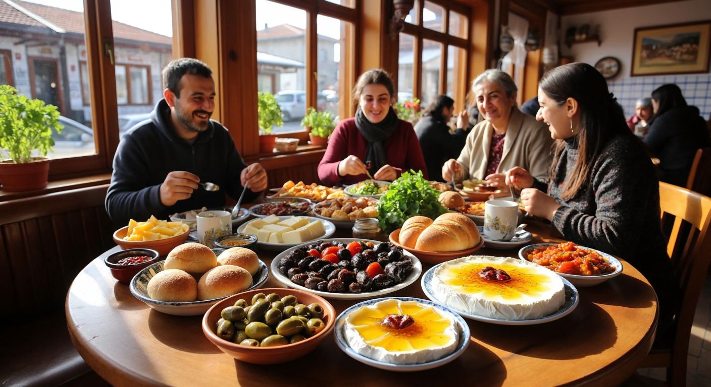 A bustling breakfast table in Van, Turkey, laden with colorful local dishes like honey-drizzled kaymak, fresh bread, olives, and cheeses, surrounded by cheerful locals in a cozy, sunlit café with traditional wooden décor.