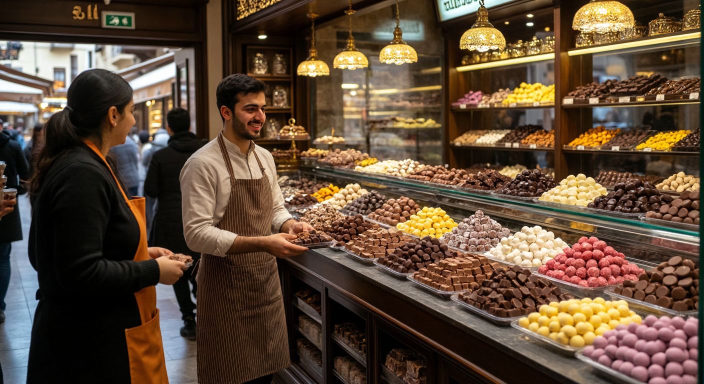 A bustling Turkish chocolate shop with a glass display full of assorted handmade chocolates, a smiling shopkeeper in an apron offering samples, and customers admiring the colorful treats under warm golden lighting.