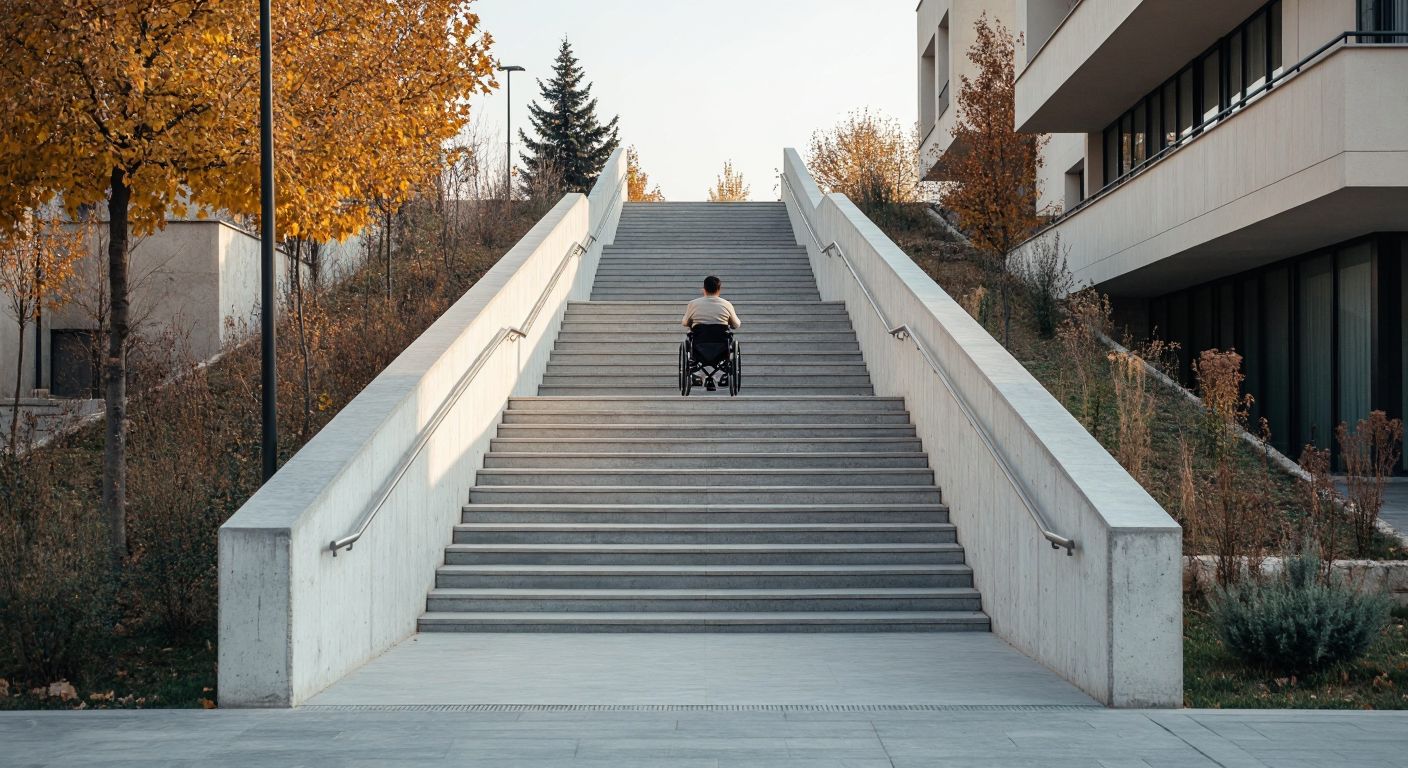 A gently sloping concrete ramp in a Turkish urban setting, with a person in a wheelchair smoothly ascending it, flanked by textured handrails and a flat landing area at the top.