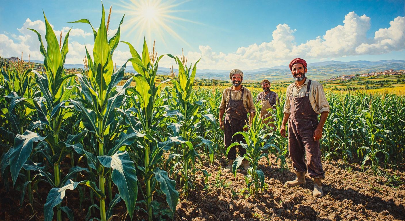 A sunlit Turkish field with tall, healthy Kale corn plants swaying gently in the breeze, surrounded by farmers in traditional workwear smiling proudly at the thriving crops.