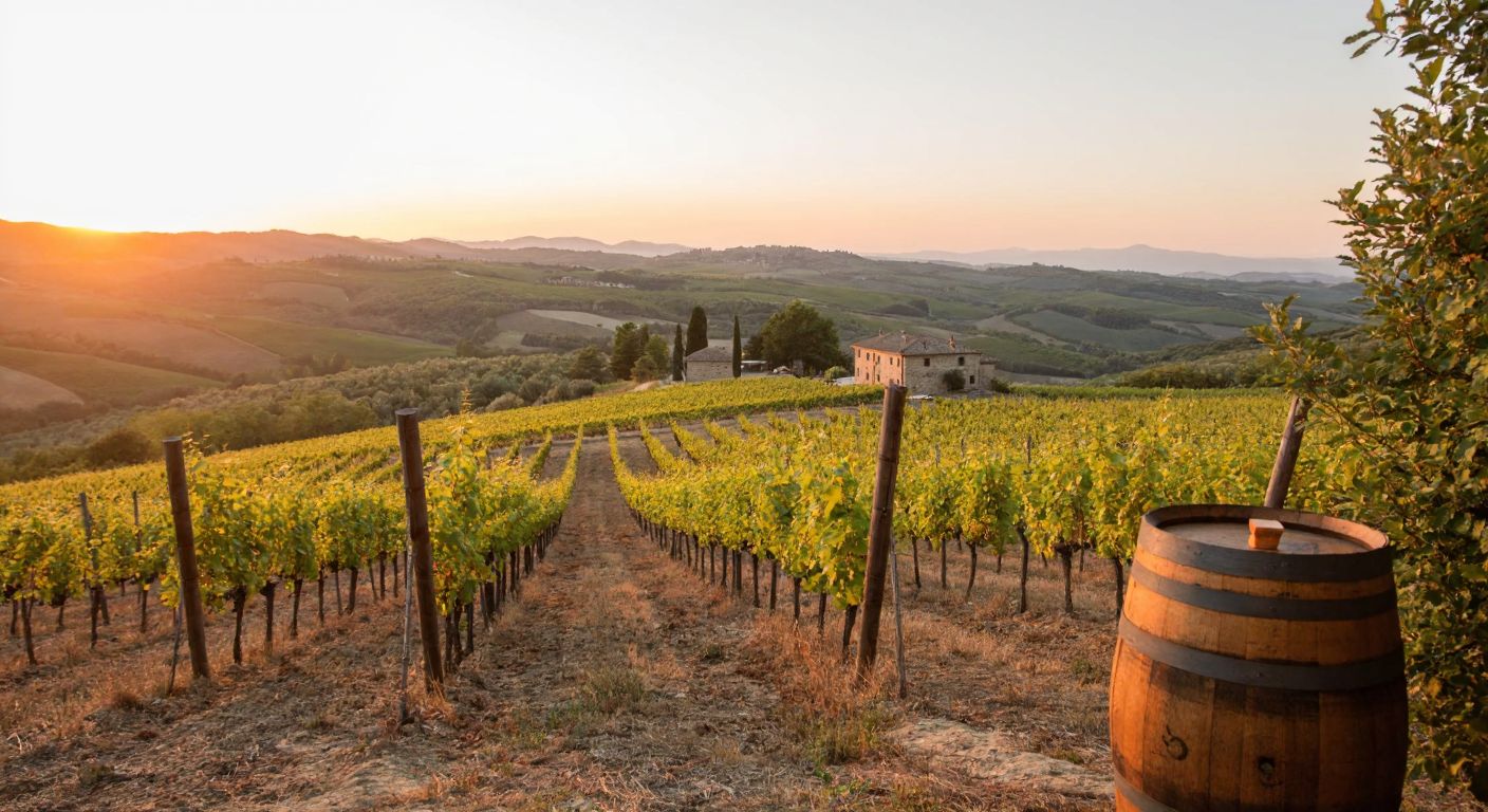 A rustic Italian vineyard at sunset, with rows of grapevines stretching toward rolling hills, and a wooden barrel labeled "Rosso" resting near a stone farmhouse.