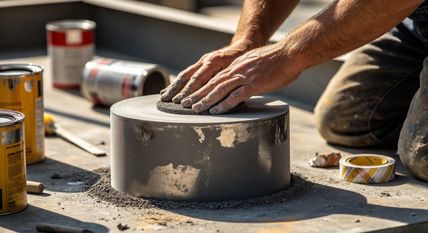 A close-up of a worker’s hands carefully sanding a metal tank with coarse sandpaper, surrounded by scattered paint cans and masking tape, with flecks of rust and dust floating in the sunlight.