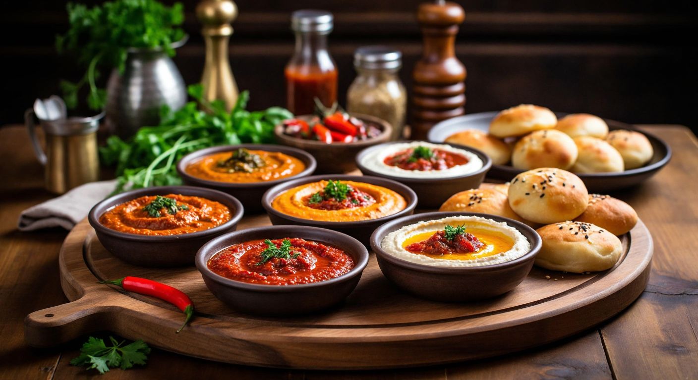 A rustic wooden table in a Turkish kitchen holds small plates of vibrant barbecue sauce, spicy red pepper dip, creamy dill yogurt, smooth humus with fresh peppers, and rich pâté, surrounded by freshly baked bread and colorful garnishes.