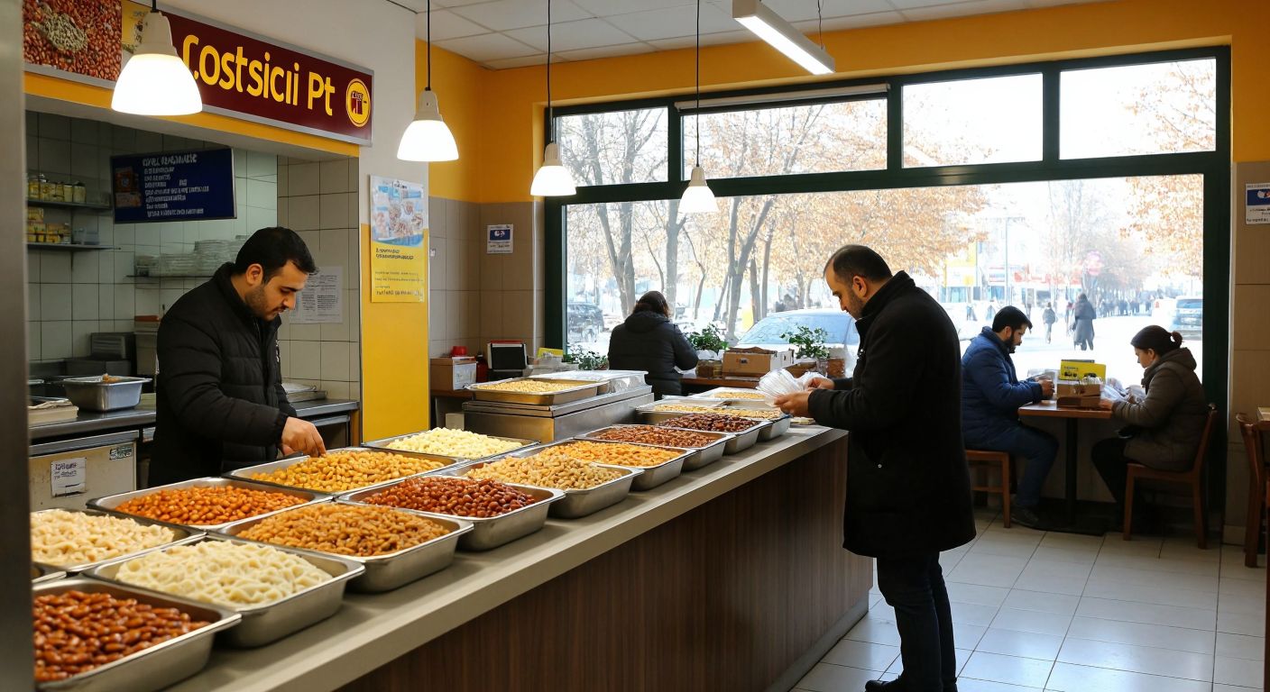 A bustling Turkish post office (PTT) counter with trays of steaming *mantı* and *kuru fasulye* from the cafeteria menu, a customer browsing banking services on a kiosk, and a clerk organizing parcels for logistics services.