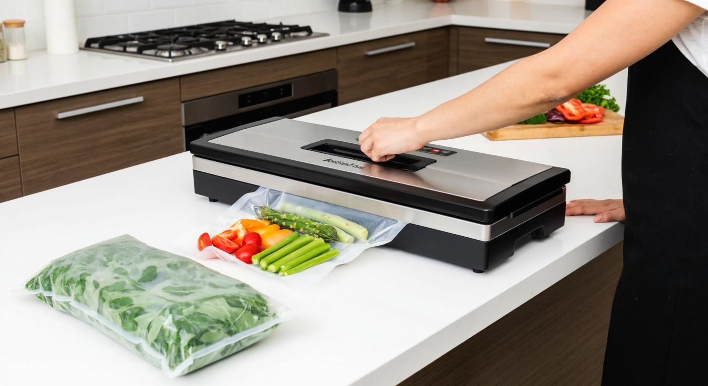 A Turkish home kitchen with a stainless steel vacuum sealing machine on a counter, a person placing fresh-cut vegetables into a plastic bag, the machine humming as it removes air, and neatly sealed bags of food stacked nearby.
