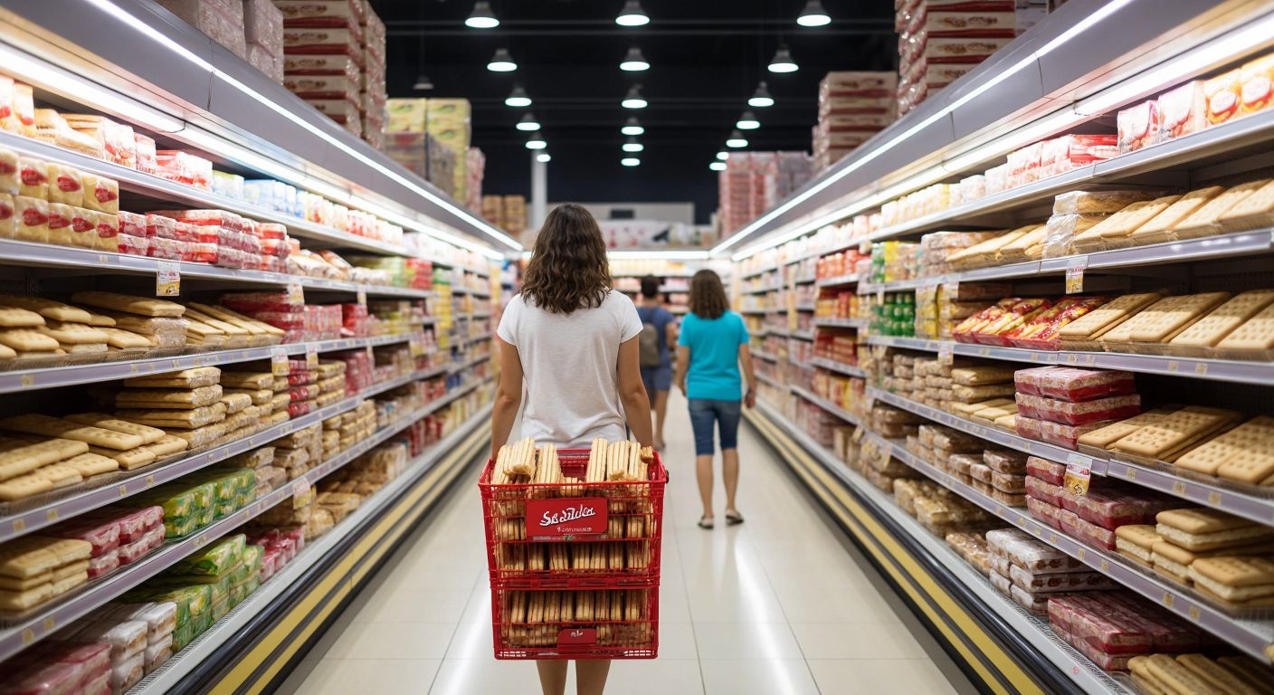 A colorful supermarket aisle in Turkey with neatly stacked packages of Savoiardi Bellucci cat-tongue biscuits under bright lights, surrounded by shoppers in casual summer attire eagerly reaching for them.