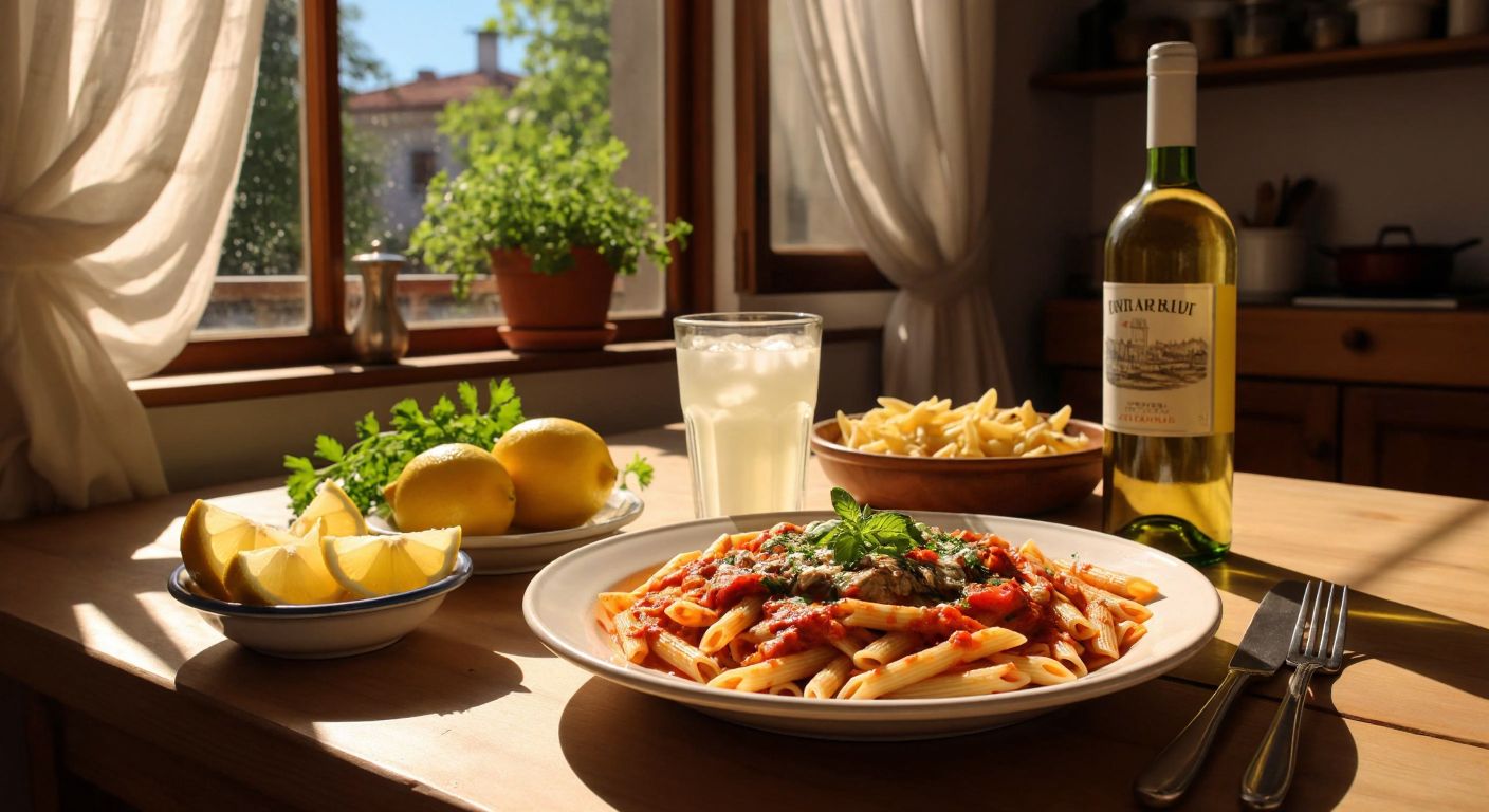 A steaming plate of pasta with tomato sauce sits beside a chilled glass of ayran, a bowl of fresh lemon slices, and a bottle of white wine on a sunlit wooden table in a cozy Turkish kitchen.