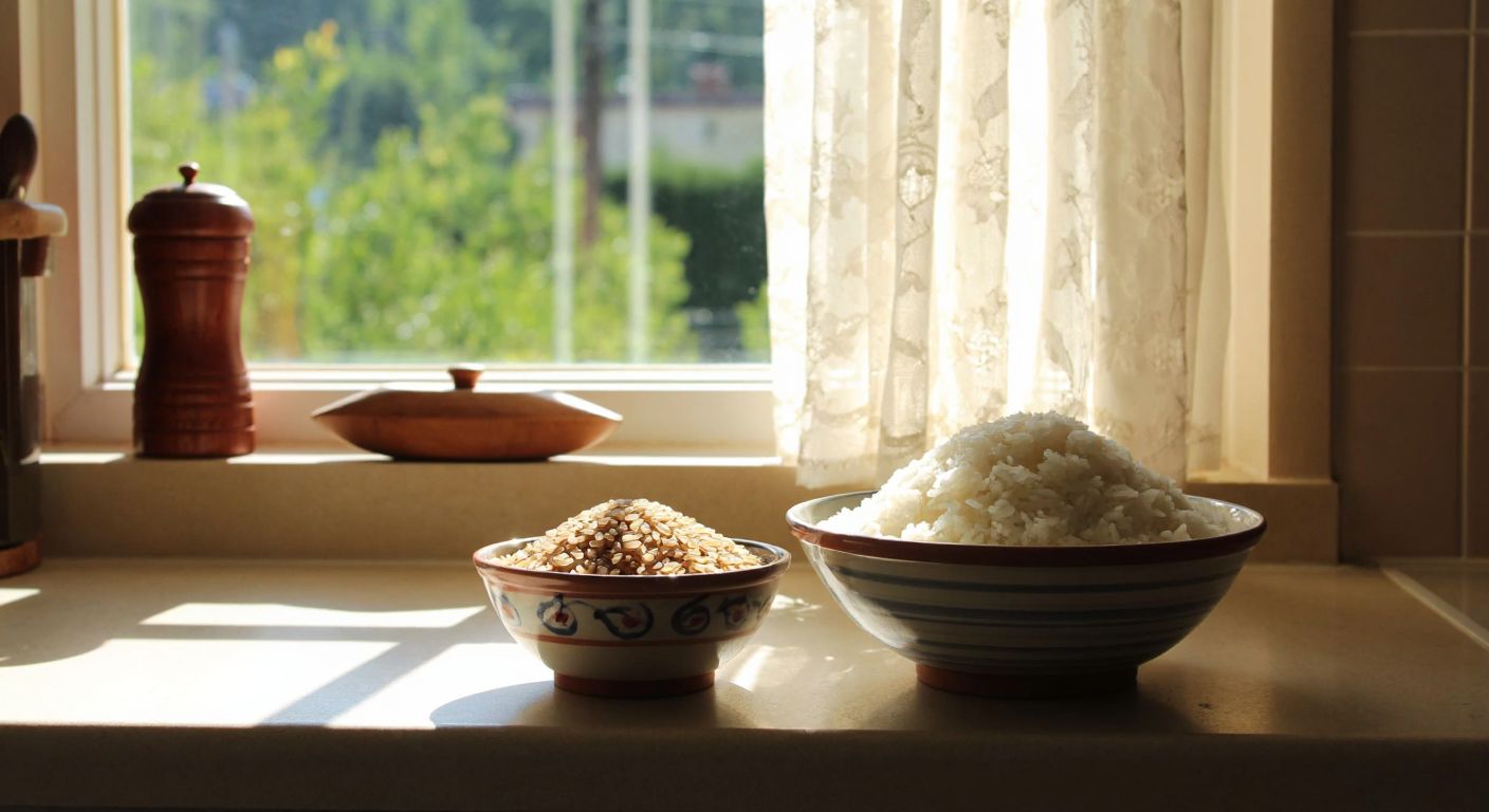 A Turkish kitchen counter with a small bowl of brown rice next to a larger bowl of white rice, symbolizing dietary choice, while warm sunlight streams through a lace curtain.