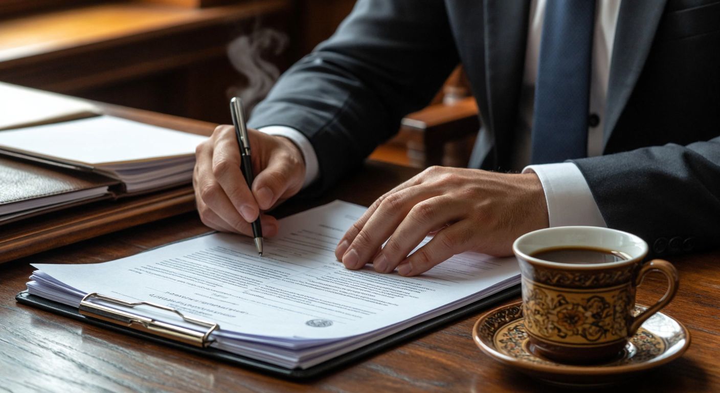 A Turkish businessperson in a formal suit carefully reviews a neatly organized document on a wooden desk, with a steaming cup of Turkish coffee beside it, conveying professionalism and attention to detail.