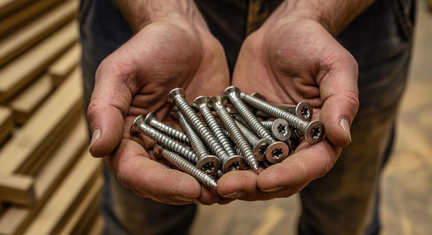 A close-up of a carpenter's rough hands holding various types of screws—coarse-threaded MDF screws, stainless steel screws, and thick-shanked furniture screws—against a backdrop of unfinished MDF panels in a Turkish woodworking workshop.