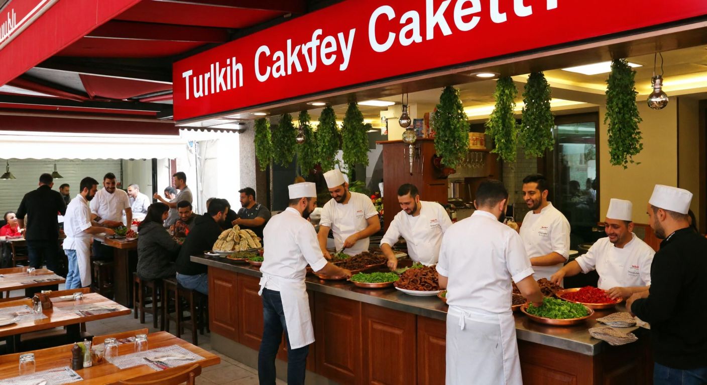 A bustling Turkish restaurant with a red-and-white sign, serving fresh çiğköfte on copper trays, surrounded by smiling chefs in white aprons and happy customers at wooden tables.